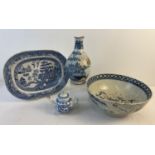 4 antique and vintage pieces of oriental design ceramics, all a/f. A large bowl, a small teapot, a