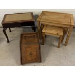 3 vintage small items of furniture. A dark wood coal scuttle/box, a piano stool and a more modern