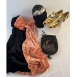 A collection of women's vintage clothing and accessories to include heavily beaded evening bag.