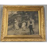 A late Victorian Arthur J Elsley print of children skipping, in a gold painted frame with clover