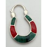 A modern silver horseshoe shaped pendant with hinged padlock fastening. Set with alternate malachite