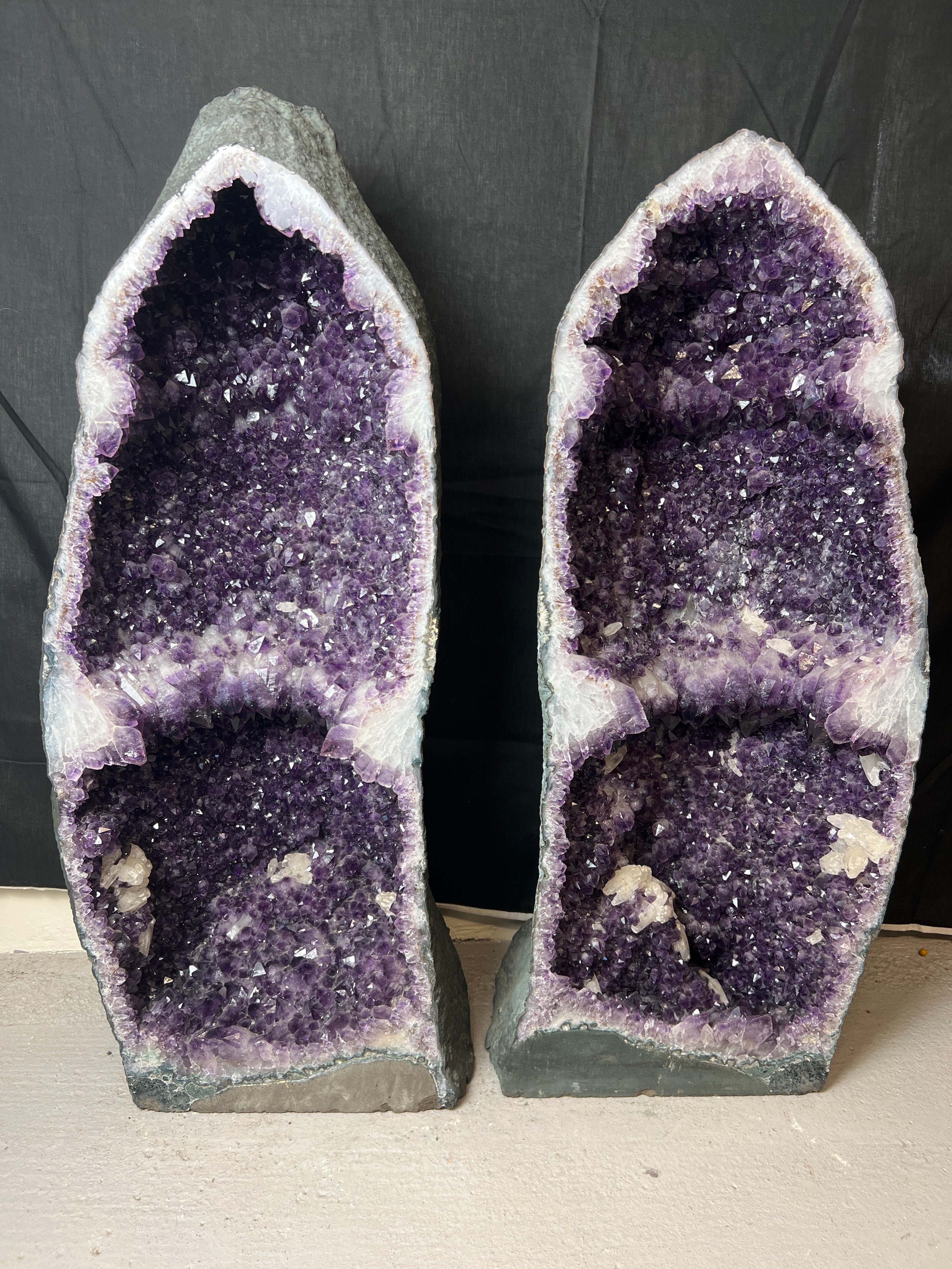A very large amethyst crystal geode pair - rare as complete geode cut in half. Approx. 102cm tall