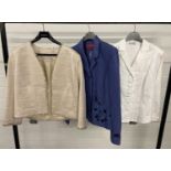 3 ladies short jackets. To include blue linen jacket with floral design by Monsoon, size 16, and a