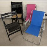 5 folding chairs. 3 vintage black wood chairs with slatted or cane seats together with 2 modern