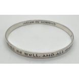 A 925 silver bangle with Julian of Norwich passage engraved to outside " All Shall Be Well, And