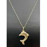 A 9ct gold dolphin pendant on a 16" fine belcher chain with spring ring clasp. Gold marks to pendant