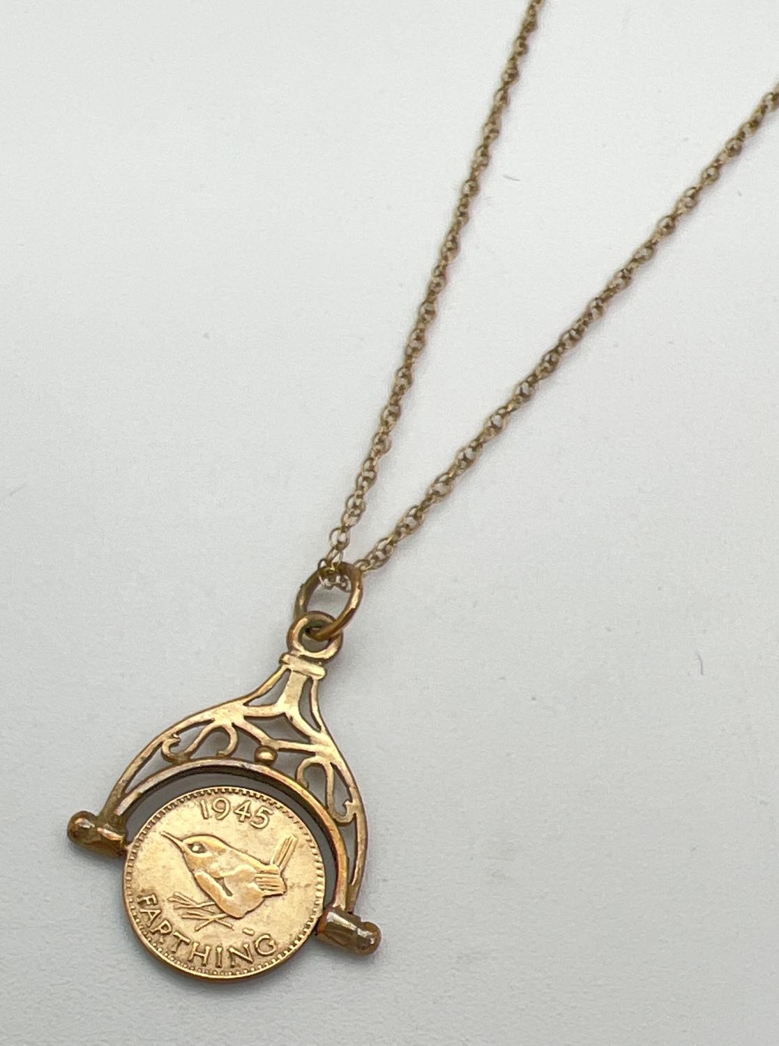 A 9ct gold George VI spinning farthing pendant on a 16" double belcher chain with spring ring clasp. - Image 2 of 3
