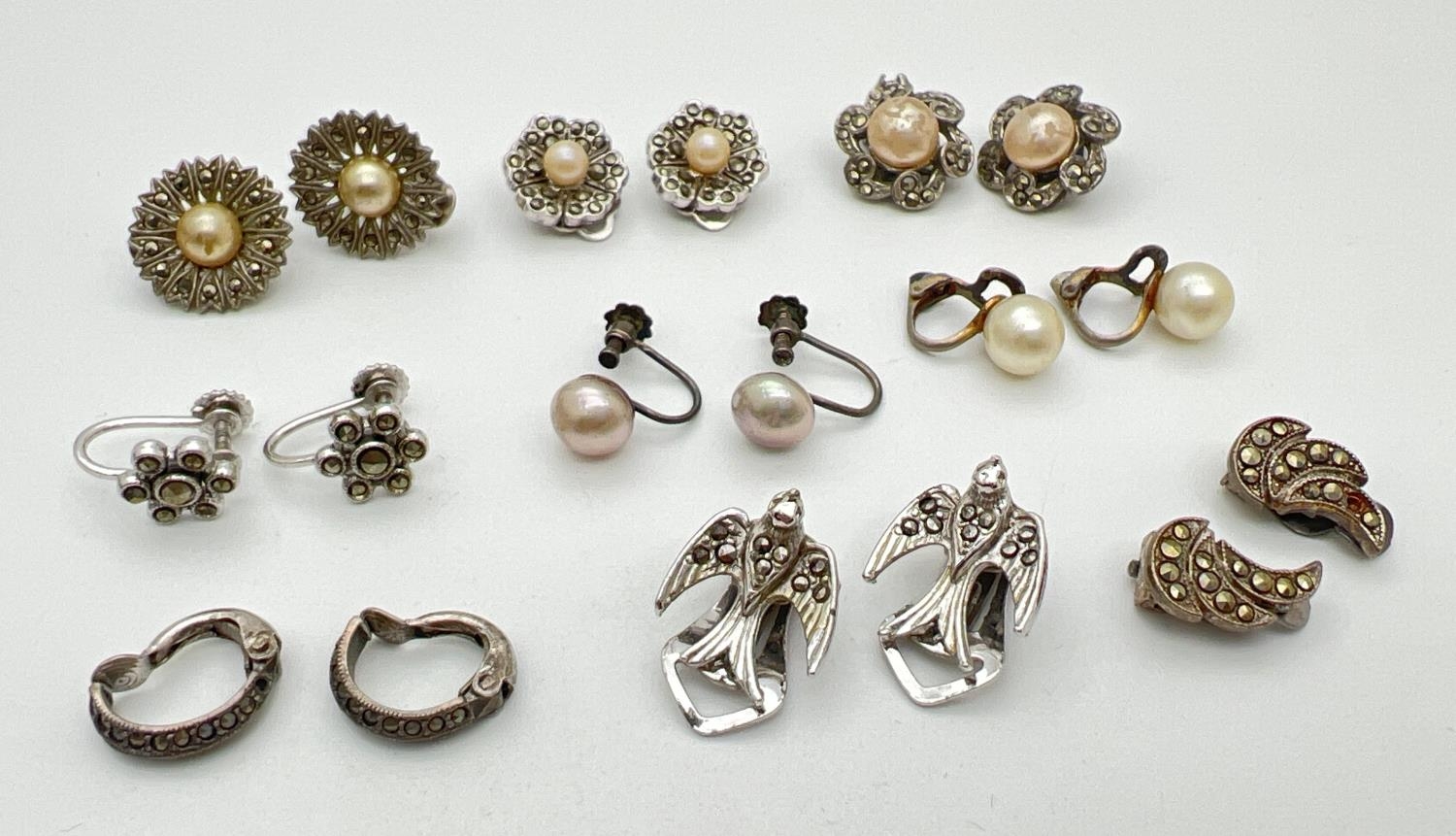 9 pairs of vintage clip on and screw back earrings to include silver, set with marcasite and some