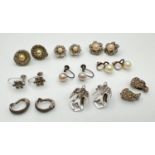 9 pairs of vintage clip on and screw back earrings to include silver, set with marcasite and some