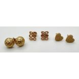 3 pairs of gold and yellow metal stud style earrings to include a pair of stardust hearts and Celtic