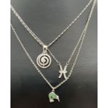 3 modern design silver and white metal pendant necklaces. A spiral circular pendant on a 16" ball