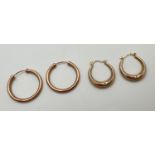 2 pairs of hooped earrings. A pair of 9ct gold hoop earrings with white gold pattern & clear stone