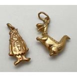 2 Hanna Barbera 'The Flintstones' cartoon character gold charm/pendants. Fred Flintstone and Dino