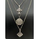 3 silver and white metal pendant necklaces. An 18" fine box chain with vintage white metal octagonal