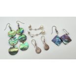 4 pairs of silver and white metal drop style earrings. To include 2 pairs of abalone shell