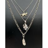 3 silver pendant necklaces. A cat pendant on a 20" fine belcher chain, a feather pendant on a 20"