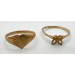 2 vintage 9ct gold rings. A heart shaped signet ring with empty cartouche and criss cross pattern,