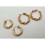 2 pairs of 9ct gold twist design hoop earrings. Gold marks to posts. Largest approx. 2.25cm