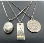 3 silver and white metal pendant necklaces. A circular shaped Pisces white metal pendant on a silver