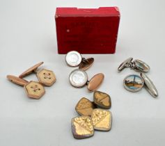 4 vintage pairs of cufflinks in a vintage H. Samuels jewellery box. Cufflinks to include square