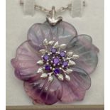 A large vintage silver & fluorite flower shaped pendant on a 17" silver belcher style chain with