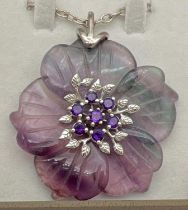 A large vintage silver & fluorite flower shaped pendant on a 17" silver belcher style chain with