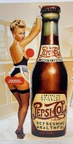 A large reproduction tin advertising sign for Pepsi Cola. With holes for wall fixing. Approx. 70cm x