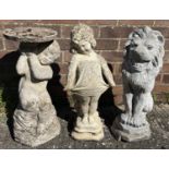 3 vintage concrete garden ornaments. A lion, a young girl and a cherub holding an urn. Tallest
