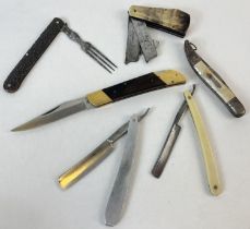 3 vintage penknives/multi tools together with 2 vintage cut throat razors and a Victorian Fleam.