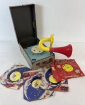 A vintage Kidditunes wind up gramophone in a carry case. Complete with trumpet needles and a small