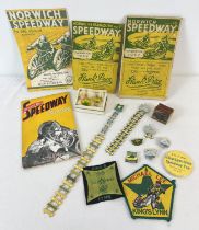 A collection of vintage Kings Lynn and Norwich Speedway memorabilia. To include enamel pin badges,