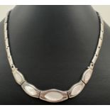 A modern 16 inch silver and Mother Of Pearl solid flat link fixed pendant necklace with clip