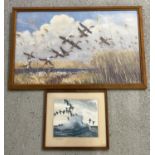 2 vintage 1940's Peter Scott wildfowl prints in period wood frames. 'The Breaking Wave' from 1925,