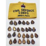 26 vintage enamelled metal Civil Defense Corps pin and lapel badges, to include WW2 together with