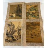 4 Chinese printed figural and mountainous pictures, with gold floral fabric borders. 2 with
