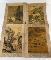 4 Chinese printed figural and mountainous pictures, with gold floral fabric borders. 2 with