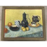 A vintage framed and glazed print "Breakfast Table" by Van Gogh. With original framer's label to