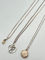 3 silver & white metal pendant necklaces. A 925 silver small circular locket on an 18" curb chain