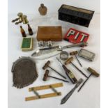 A collection of vintage misc items. To include Housewife's Saving Bank, Bone rule, novelty salt
