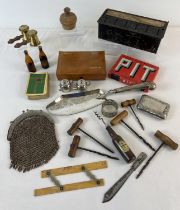 A collection of vintage misc items. To include Housewife's Saving Bank, Bone rule, novelty salt