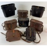 8 pre WWII leather binocular cases with straps, in varying conditions, some named & dated. To