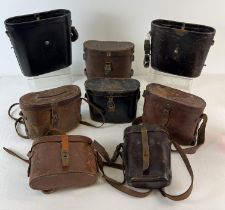 8 pre WWII leather binocular cases with straps, in varying conditions, some named & dated. To