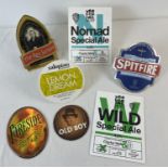 7 beer pump clips for various breweries. Comprising: Spitfire, Fireside, Old Boy, Salopian Lemon