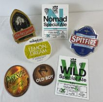 7 beer pump clips for various breweries. Comprising: Spitfire, Fireside, Old Boy, Salopian Lemon