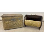 A mid century brass covered fireside/coal box together with an Art Deco wood & brass magazine