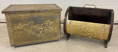 A mid century brass covered fireside/coal box together with an Art Deco wood & brass magazine