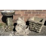 3 vintage concrete garden items - square shaped garden planter, a weathered bird bath with pebbled