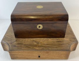 2 vintage wooden boxes. A late Victorian mahogany writing box with floral design brass inlaid