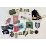 A collection of military cloth badges and metal cap and pin badges. To include examples from