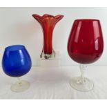 3 large pieces of mid century coloured glass. 2 oversized brandy snifters in red and blue coloured